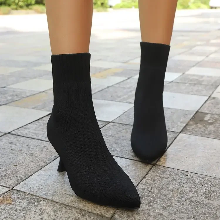 Women Socks Boots Stretch Fabric Women Ankle Boots Pointed Toe High Heels Slip-On Sexy Sock Heeled Chelsea Boots 2026