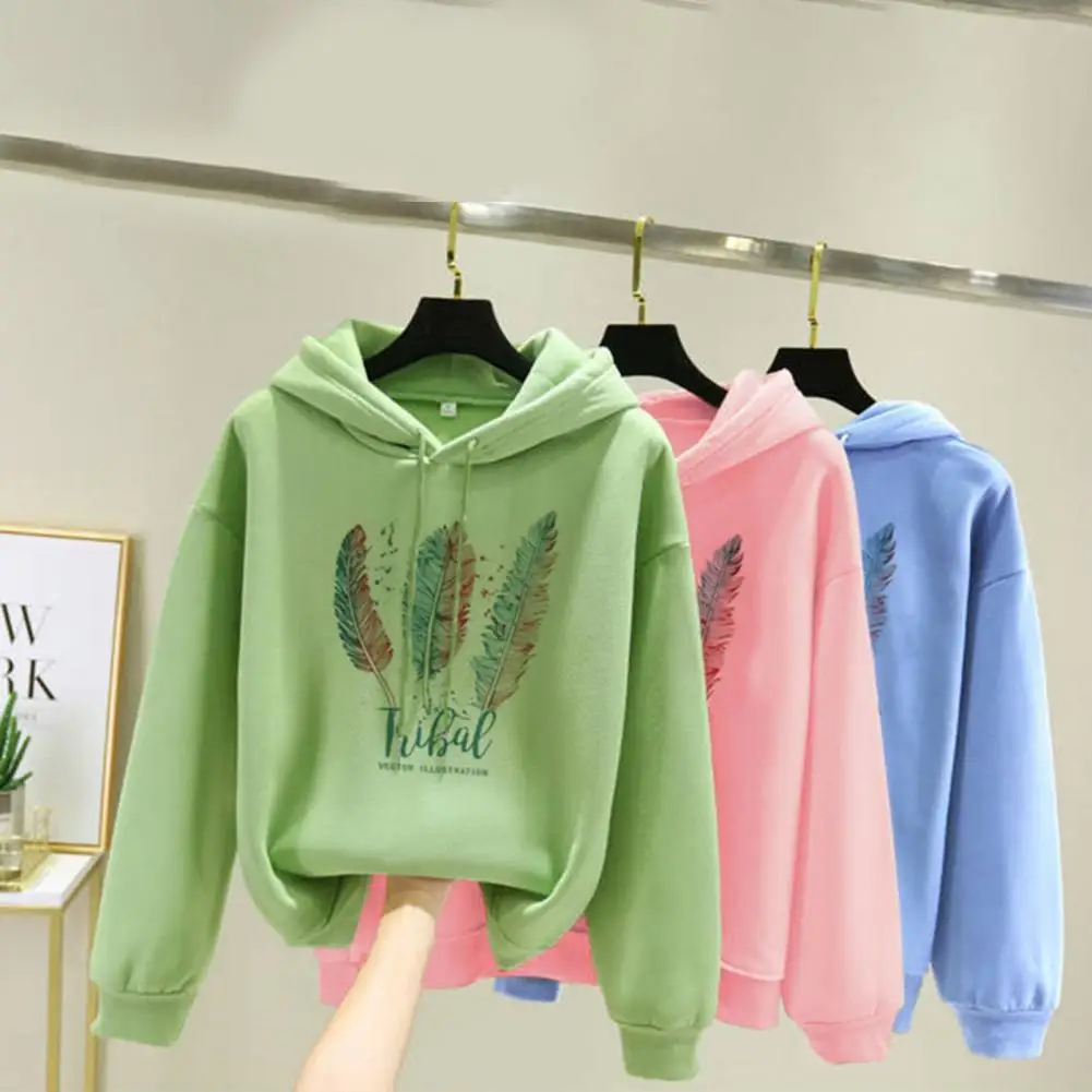 

Women Fashion Feather Printed Long Sleeve Hoodies Autumn Winter Plus Velvet Casual Drawstring Hooded Loose Sweatshirt Harajuku
