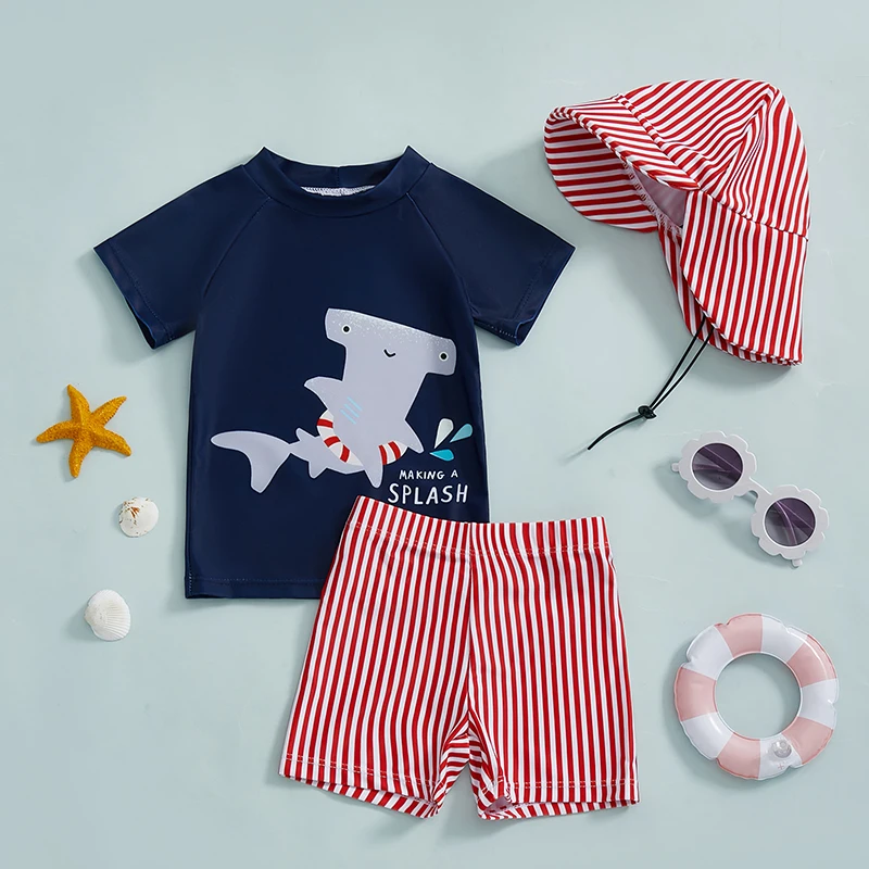 Lioraitiin Toddler Baby Boy 3Pcs Swimsuit Set Shark Print Short Sleeve Rash Guard Swim Tops Shorts Sun Hat Bathing Suit Outfit