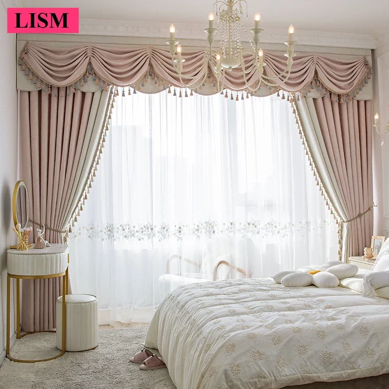 

Light-Luxury Pink Curtains for Living Room Girl's Bedroom French Blackout Modern Jacquard Gauze Curtain Window Custom Valance