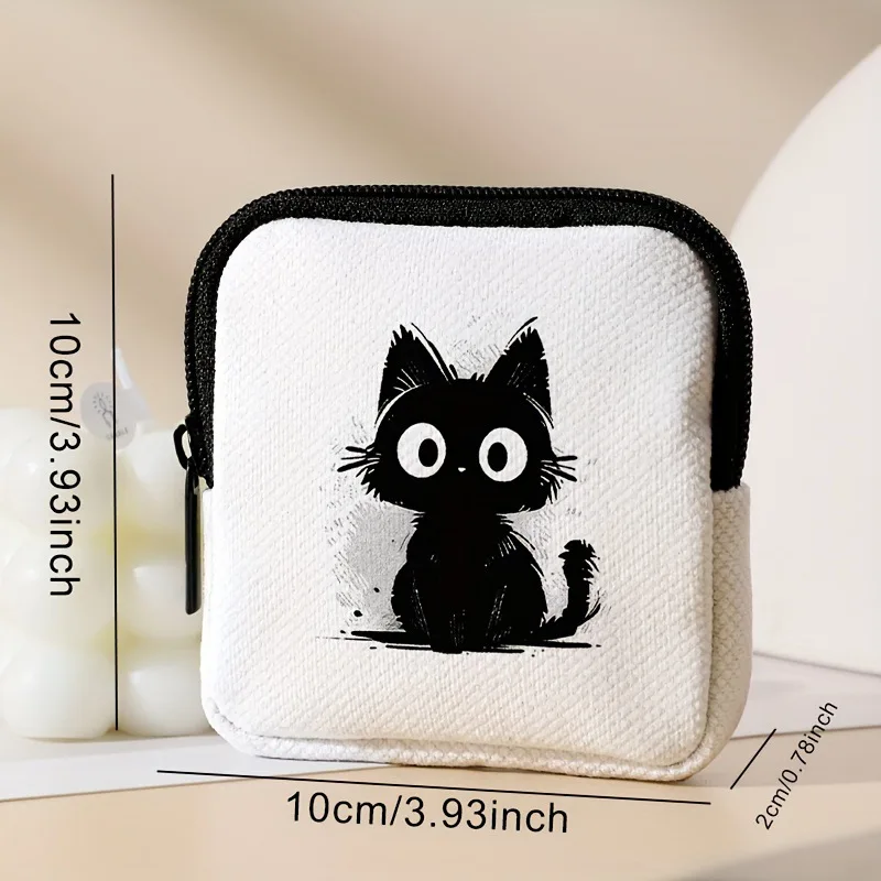 White Base Black Cat Printed Faux Leather Zipper Coin Purse Multi Functional Mini Earphone Bag