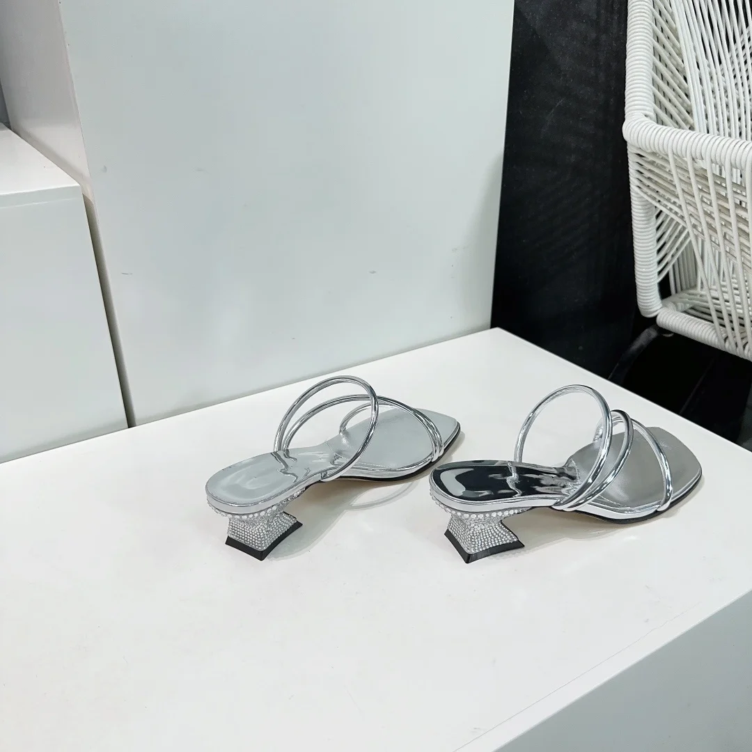 High Heel Slippers for Women's Summer New Thin Strap Square Head Open Toe Thick Heel Slippers