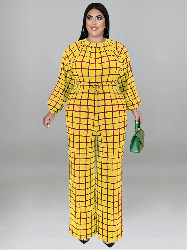 Wmstar Plus Size Jumpsuit Women with Belt Plaid One Piece Outfits Casual Wide Leg Bodysuit Office Lady Wholesale Dropshipping