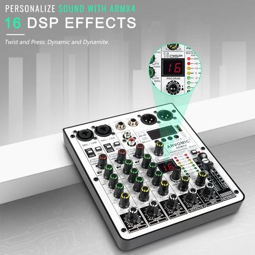 4 채널 오디오 믹서, USB 오디오 인터페이스가있는 ARVOMIC DJ 믹서, 블루투스 기능, 16 DSP 효과 및 3 밴드 EQ (ARMX-4) 3