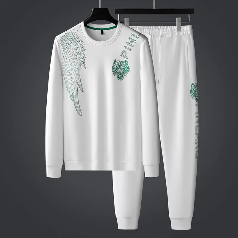 

Luxury brand European hot drilling tiger head sweater suit men 2023 autumn winter new casual sports embroidered trousers with tw