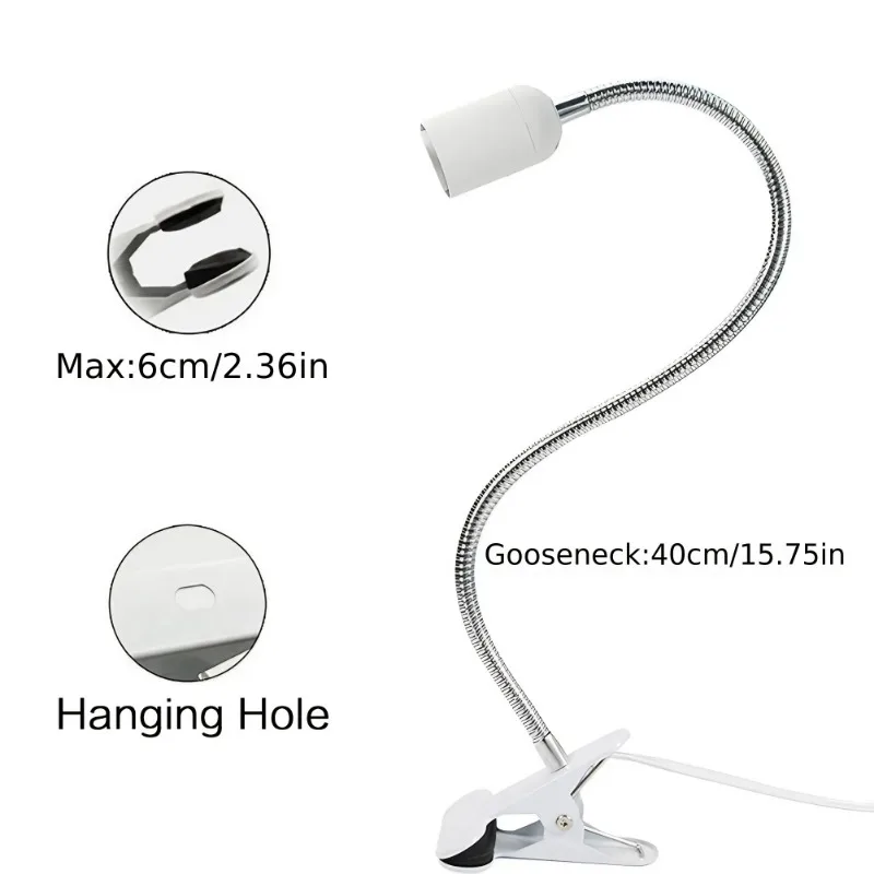 Desk Lamp Holder with Us Plug - E27 Socket 360° Rotatable Metal Cable Management White Light Bulb Socket Adapter Hanging Lamp