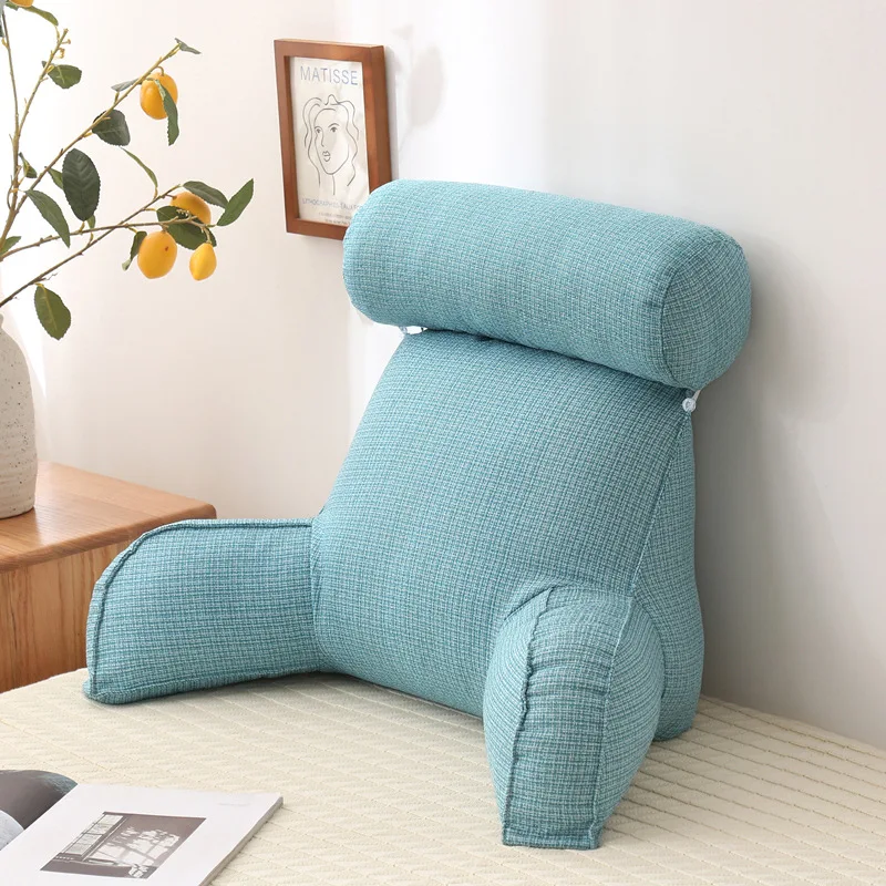 Linen Reading Pillow with Armrests and Round Pillow Pearl Cotton Inner Core Detachable Multifunctional Big Waist Pillow 