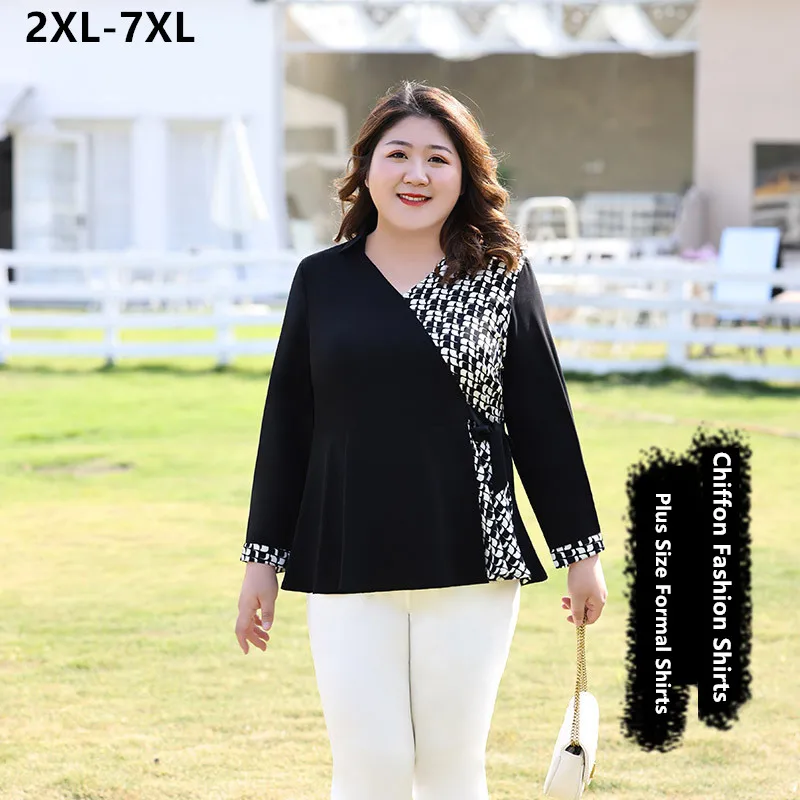 

7XL 6XL 100KG Chiffon Women Office Blouse Elegant Black Patchwork Fit V-Neck Girl Large Plus Size Long Sleeve Lady Formal Shirt