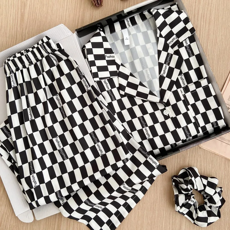 

Пижама женская в клетку, шелковая атласная ночная рубашка с длинным рукавом, элегантная Свободная Домашняя одежда, костюм для сна, весна-лето