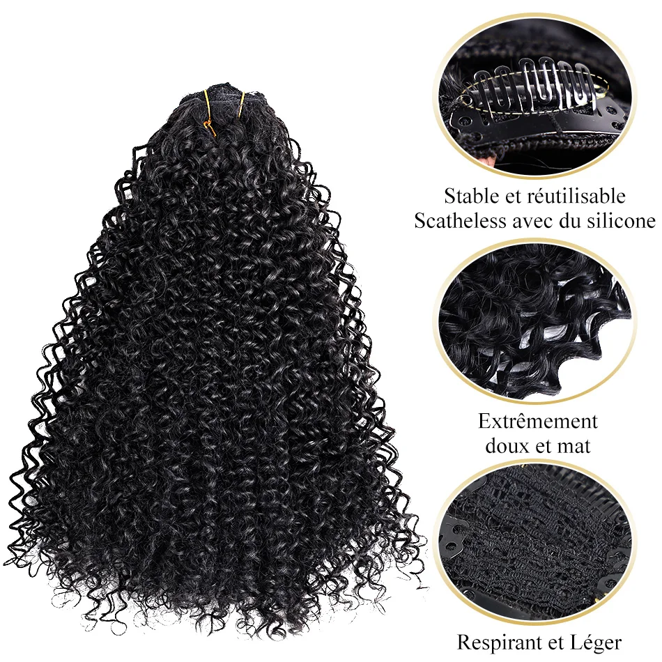 Extensions de Cheveux Synthétiques Bouclés à Clips, Postiches Naturelles, Tête Complète, Organique, 26 Pouces, 140g, 7 Pièces