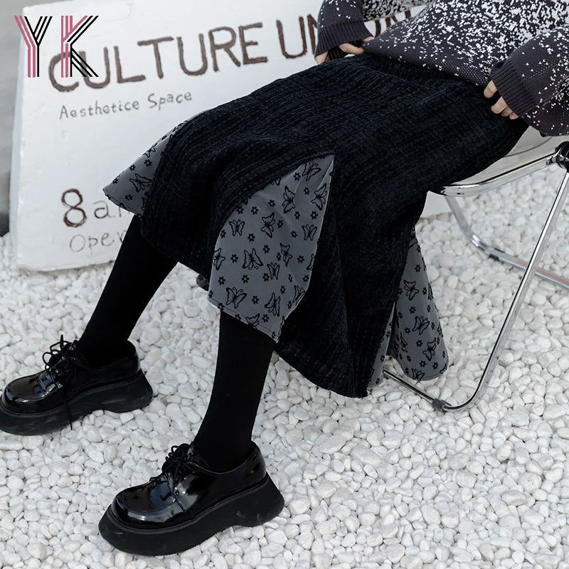 

Split Butterfly Floral Midi Skirt Fashion Female Long Skirt Women High Waist Skirt Autumn Winter Corduroy Plaid Skirts for Women