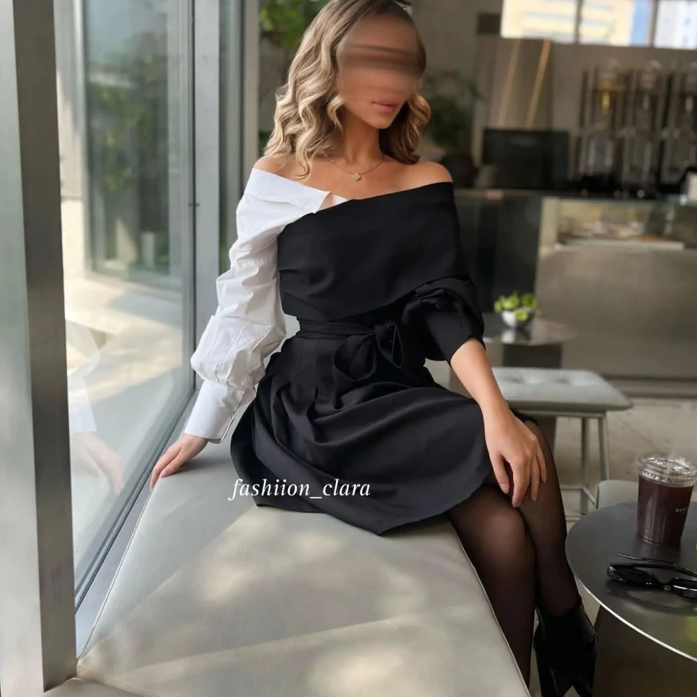 

Qcenkern Off Shoulder A-Line Evening Formal Saudi Arabia Satin Long Sleeves Party Dresses Gowns Women Robes de Soirée 2023