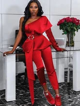 

Red Jumpsuits for Women Ruffles High Waist with Belt Satin Ribbon One Shoulder Long Sleeves Sexy Fashion Party Evening Bodysuit