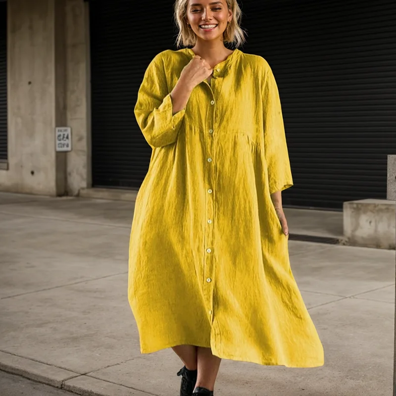 Casual Dress For Women Spring Autumn New Long Sleeve Button O-neck Loose Solid Fashion Elegant Commute Female A-line Dress - 2