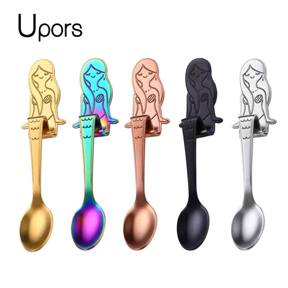 UPORS 인어 커피 스푼 스쿠프 304 스테인레스 스틸 걸이식 커피 스푼 티스푼, 설탕 모카 아이스크림 티 스푼 도구, 1 개 