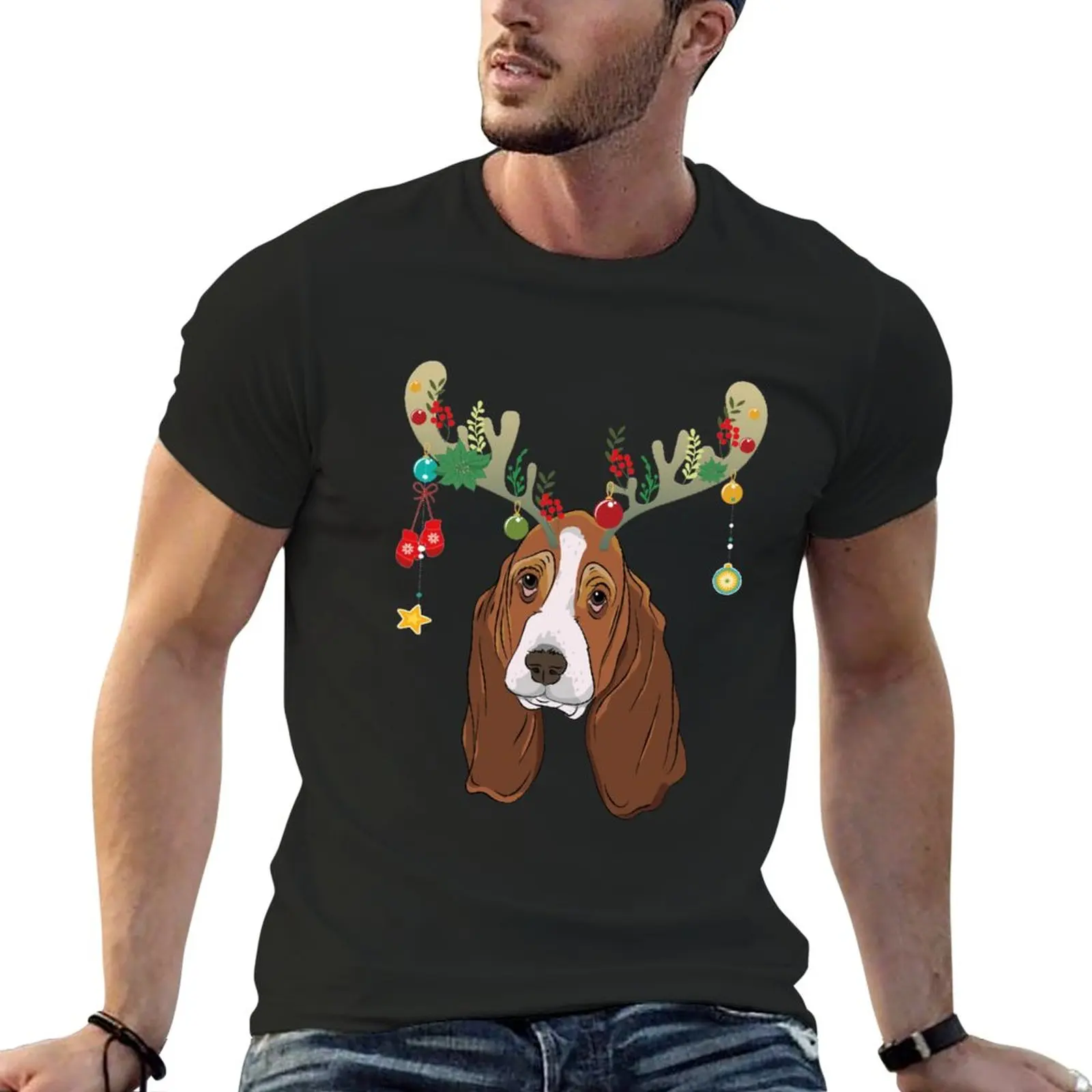 Basset Hound Christmas Lights Funny Dog Xmas T-Shirt Oversize Vestiti Estetici Magliette Alte Da Uomo Oversize