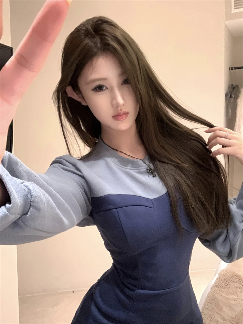 Sexy Patchwork Mini Dresses Women Long Sleeve Bodycon Lace-up Hollow Out Y2K Club Party Dress Korean Fashion Autumn New Vestidos