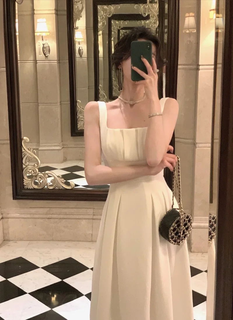 

French White Satin Midi Dresses for Women 2024 Elegant Party Suspender Female Clothes Fashion Waist Closure Evening Summer Dress