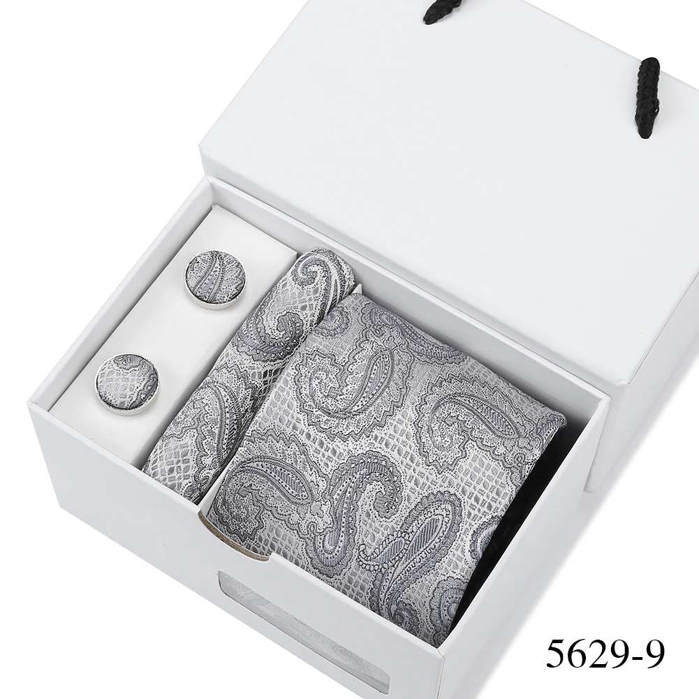 Bussiness Krawatten Sets Für Männer Plaid Blau Drucken Krawatten Manschettenknöpfe Taschentücher Hochzeit Bluse Zubehör Weiß Geschenk Box Anzug – Detail 37