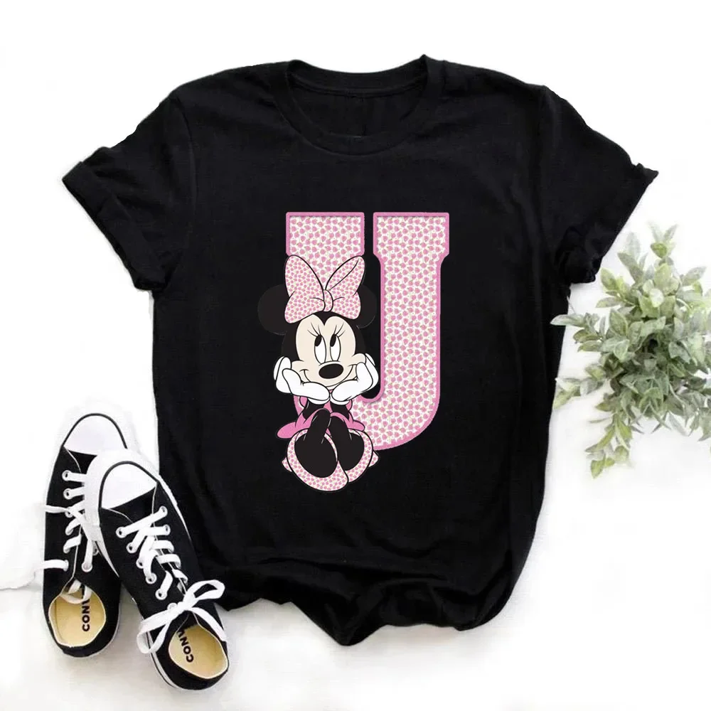thumbnail image 1 of Camiseta de algodón para niños de Disney Minnie Mouse, divertida camiseta con estampado de 26 letras mayúsculas de la A a la Z, camisetas góticas para niñas, camisetas kawaii de verano, 1 of 5