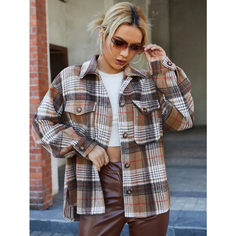 

2023 Autumn/Winter New Cardigan Casual Vintage Plaid Polo Collar Woolen Coat Women casacos de inverno feminino coat women