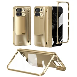 Touch Pen Holder Stand Protective Case with Front Screen Glass for Google Pixel 9 Pro Fold (Gold)