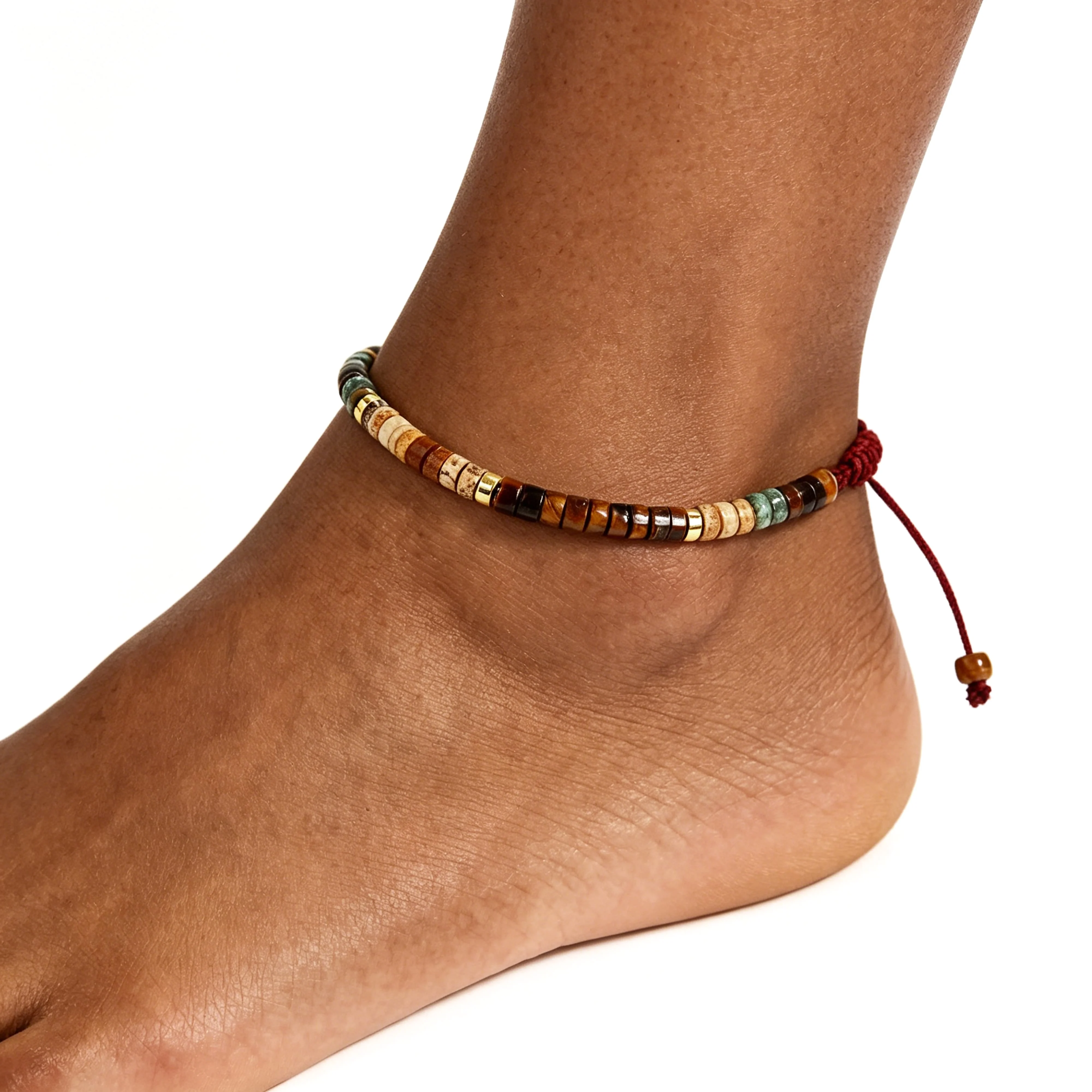 Spring Fashion Waterproof Jewellery Tiger's Eye African Pine Nature Stone Bransoletka for Beach Scene Anklet Adjustable Rope 3.8 5