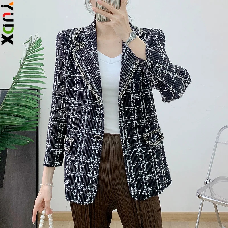 

YUDX Miyake Plaid Suit Collar Women's Cardigan Single-breasted Pleated Short Jacket Long-sleeved Top 2024 Early Spring New