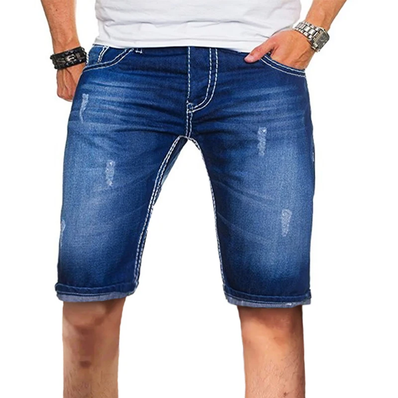 Summer Jeans Shorts Men Jeans Denim Pants Denim Shorts New Summer Men's Stretch Straight Denim Pants Casual Slim Fit Middle Pants Pockets Hole Denim Shorts Male
