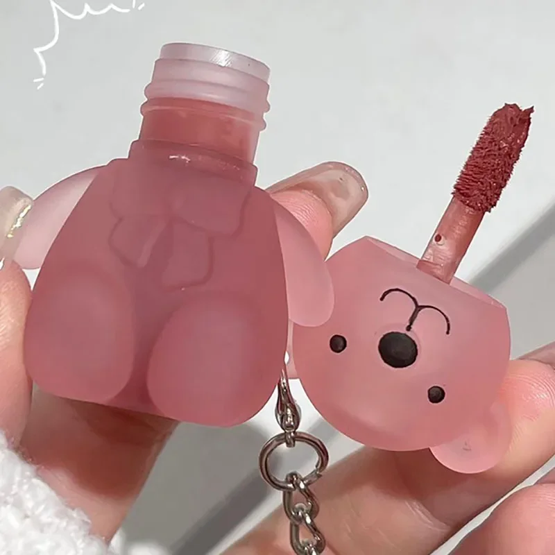Cute Bear Keychain Lip Mud Matte Velvet Mousse Grey Pink Lipstick