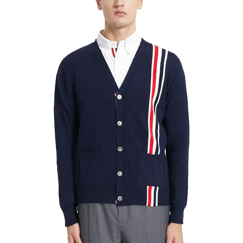 

TB THOM Sweaters Male 2023 Winter Fashion Brand Cardigans Milano Stitch Classic Cotton RWB Stripe V-Neck Harajuku Coats