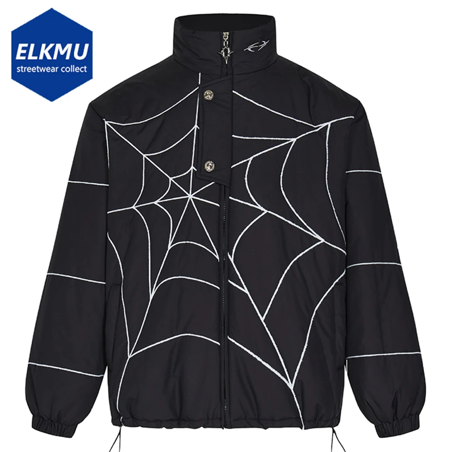 

Spider Web Embroidery Parkas Men Streetwear Jackets and Coat Harajuku Hip Hop Padded Puffer Jacket Thicken Warm Coats Parkas