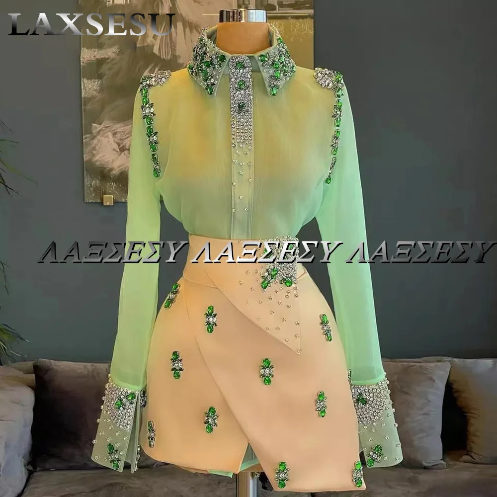 Laxsesu Haute Cocktail Party Gowns Long Sleeves Fashion Rhinestones Evening Dress Short Prom