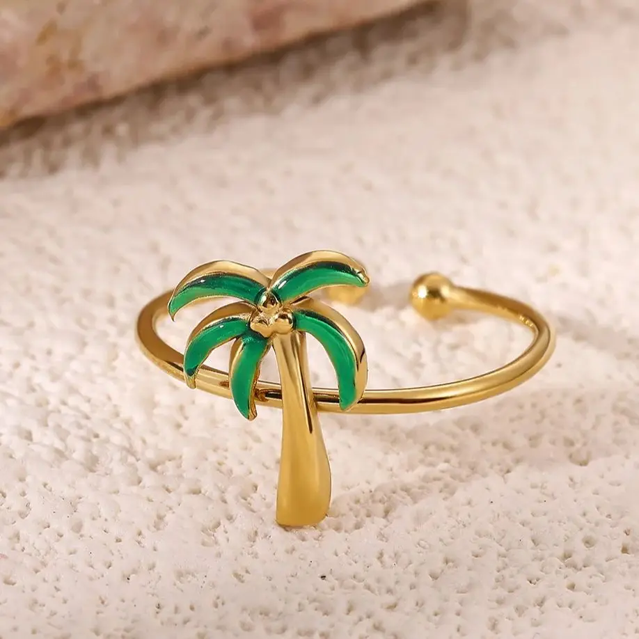 Green Enamel Palm Tree Ring Women 18K Gold Plated Stainless Steel Adjustable