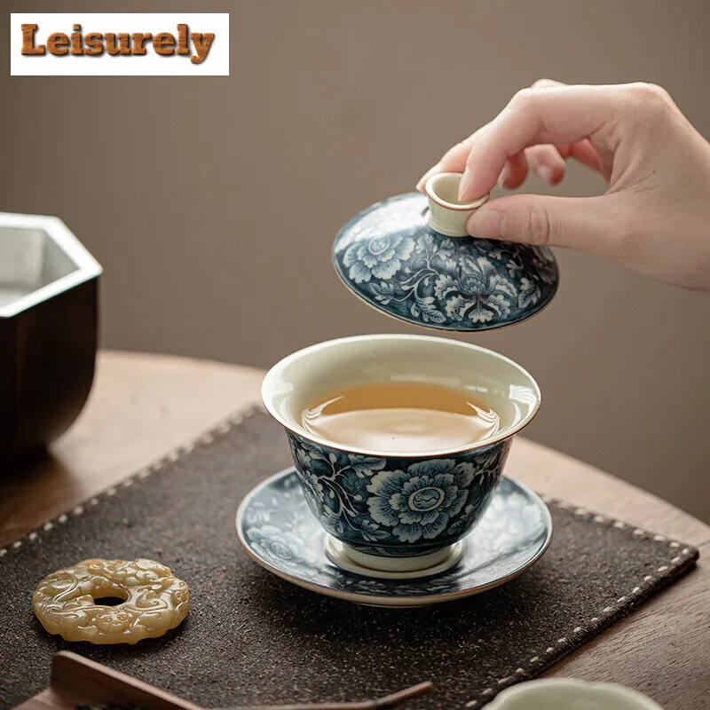100ML Antique Ru Kiln Gaiwan Aesthetic Blooming Flowers Three Talents Tea Tureen Tea Maker Cover Bowl Chinese Teaset Ornaments