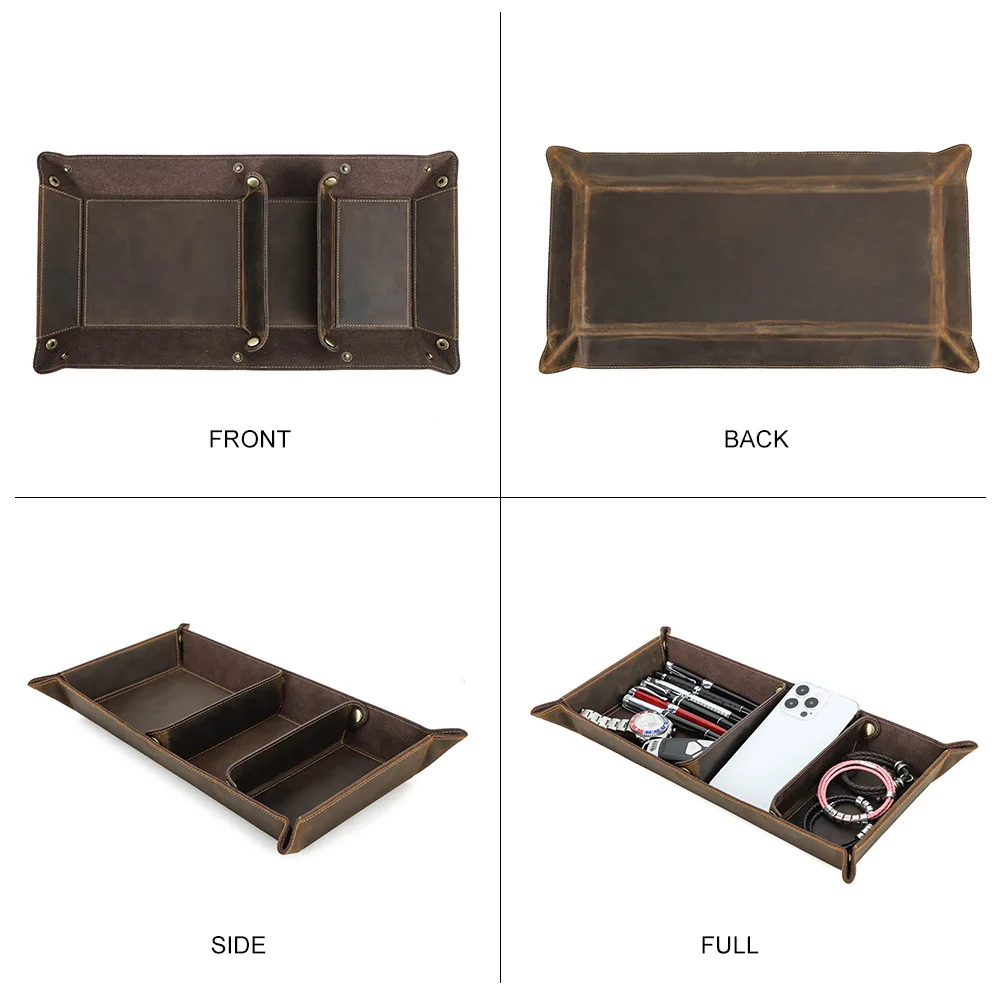 Genuine Leather 3 Grids Desk Tray Home Office Accessories Durable Storage Organizer for Car Keys Jewelry Glasses Watch Phone Pen