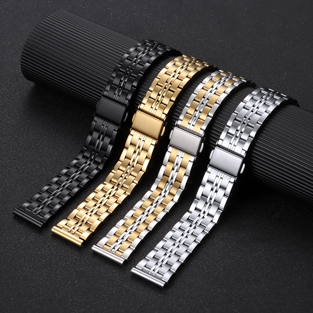Premium Stainless Steel Watch Strap with Curved & Flat Ends - Universal Bracelet with Folding Buckle, Multiple Sizes Available