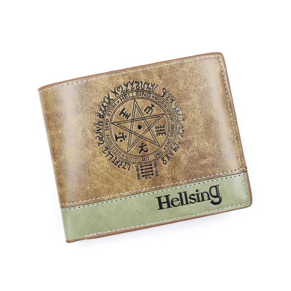 

Anime Hellsing Khaki PU Leather Short Wallet Mans Bifold Purse With Photo Slot Coin Pocket