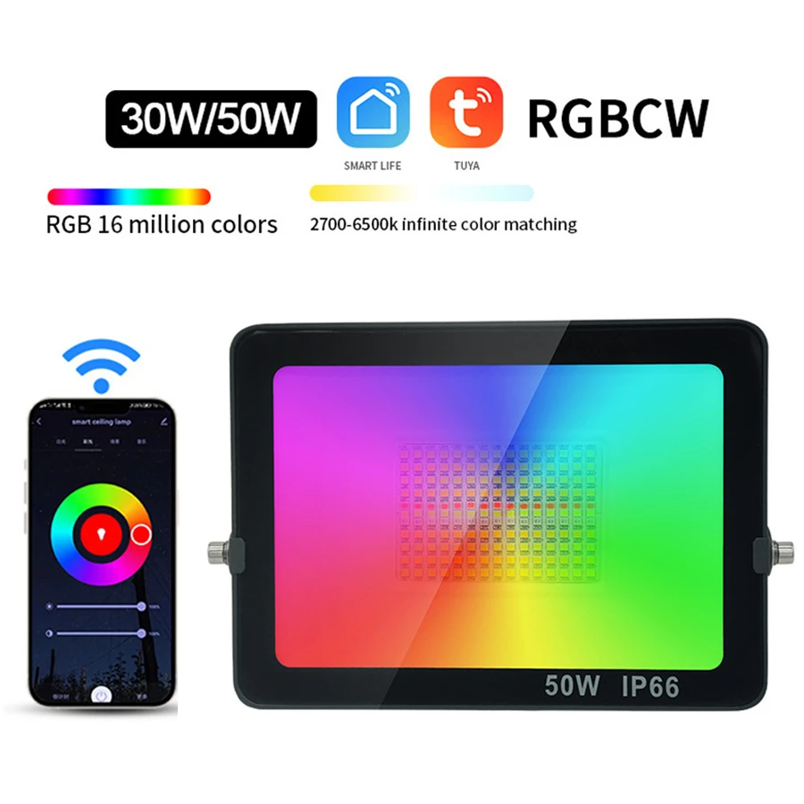 

Tuya WiFi LED Smart RGB Floodlight 50W RGBCW LED Flood Light IP66 Bluetooth APP Control Reflector Projector Flood Light