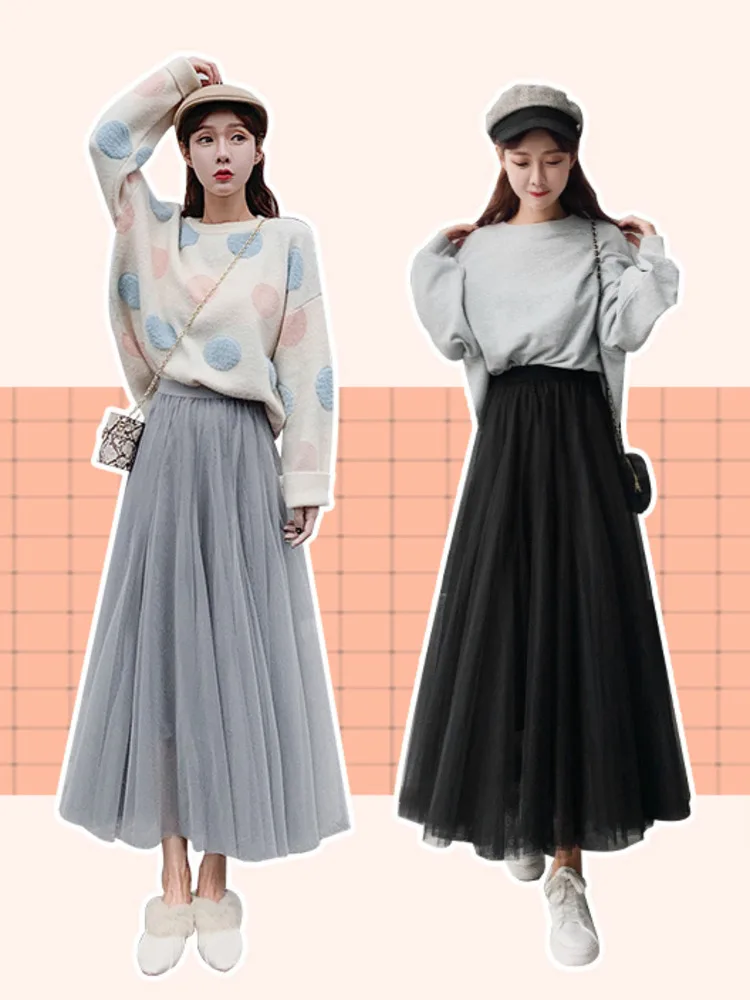 

Korean Style Spring Autumn Mesh Pleated Skirt Women Fashion High Waist Tulle Skirt Ladies y2k Harajuku Casual Gothic Long Skirts