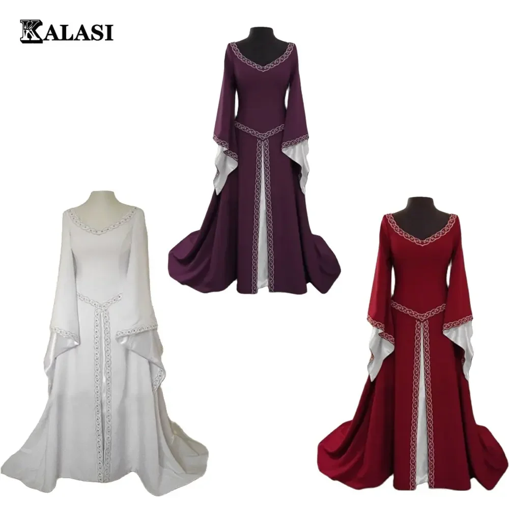 

Womens Medieval Renaissance White Wedding Long Dress Celtic Queen Party Victoria Cosplay Costume Square Collar Maxi Dress Robe