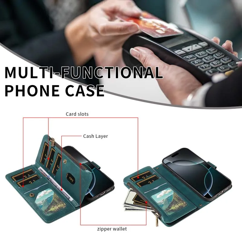 Leather Phone Case with Magnetic 9-Card Zipper Flip Wallet Holder