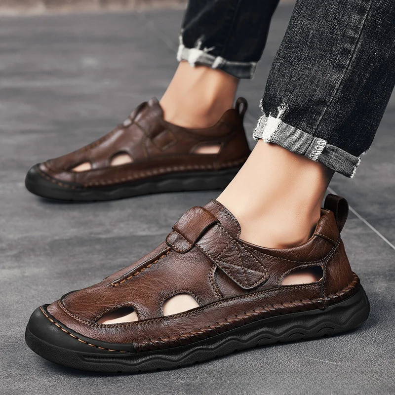 Large Size Men's Beach Sandals Hand-sewn Slip-On Casual Shoes Breathable Anti-slip Canvas Upgraded Rubber Sole Comfortable