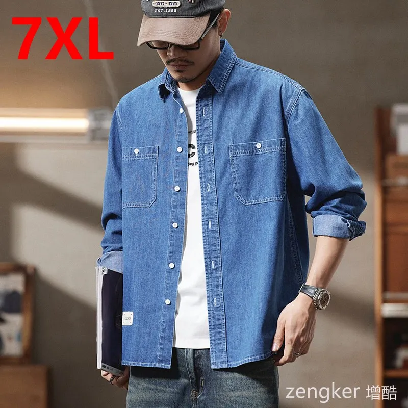 Spring Men's Big Size Denim Shirt Oversized Loose Fit Streetwear Style Jacket for Big Men Plus Size mens shirt