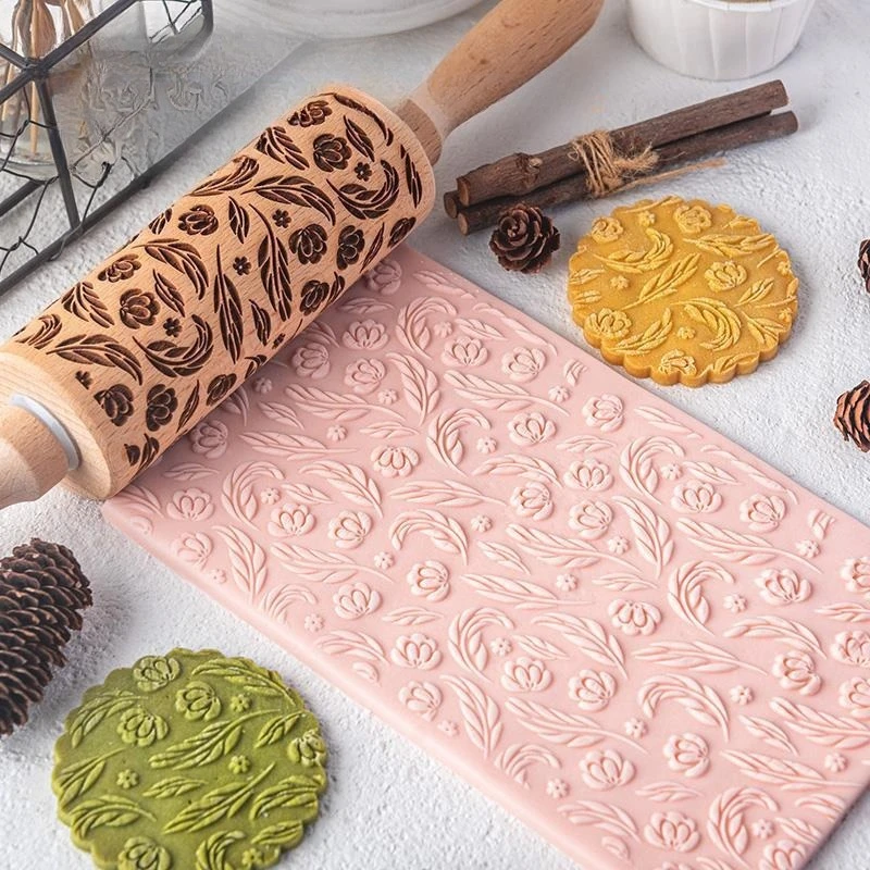 Wooden Printed Rolling Pin for Baking Cookies and Pastries