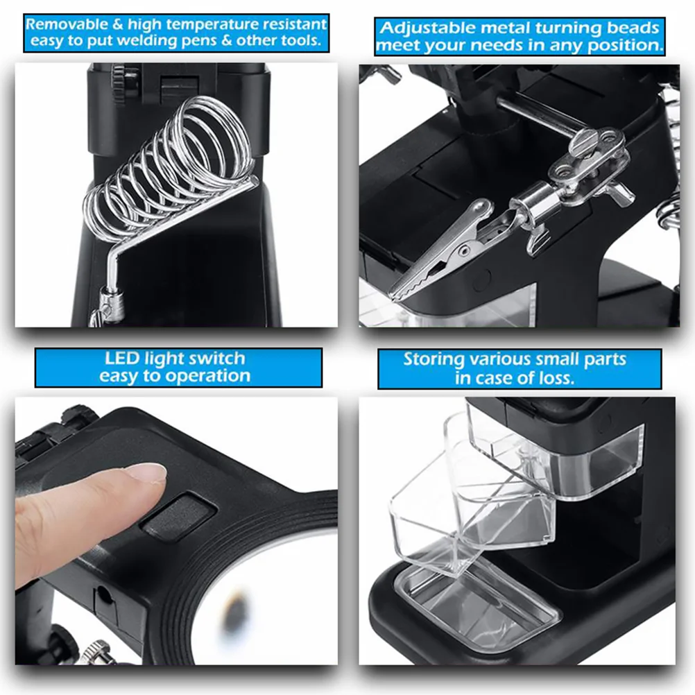 10Pcs Fully Adjustable Helping Hands Alligator Clips Iron Holder Metal Tray Tools Boxes Soldering Station Desk Magnifier Led