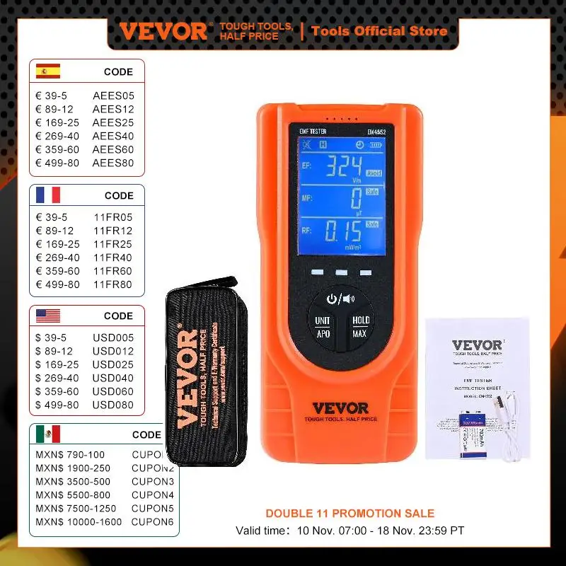 VEVOR 3-in-1 EMF Meter 5Hz-3.5GHz Handheld Rechargeable Electromagnetic Field Radiation Detector Digital LCD Tester, Discount