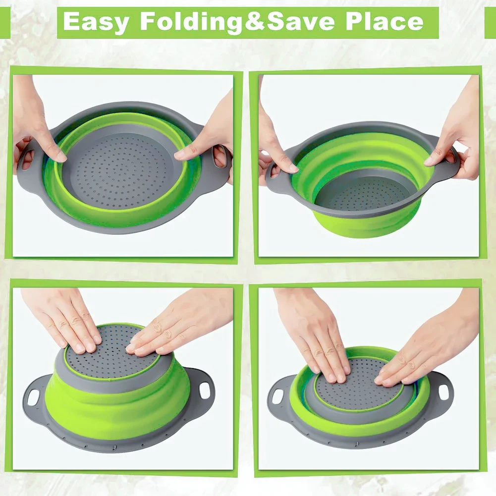 Silicone Round Folding Vegetable Fruits Washing Drain Basket Collapsible Colander Strainer Basket Kitchen Gadgets