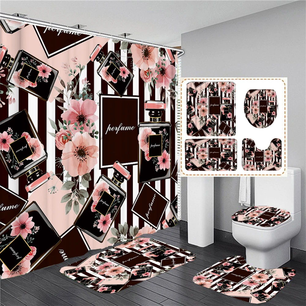 

Flower Pattern Bathroom Curtain Cosmetics Perfume Print Shower Curtains Bath Mats Pedestal Rugs Toilet Cover Non-slip Carpet