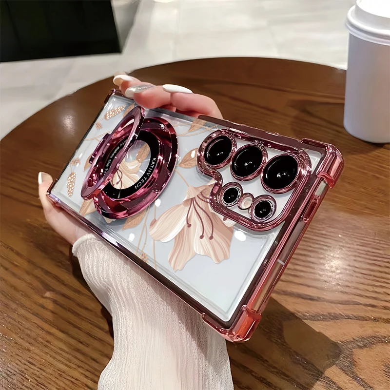 Flower Print Shockproof Phone Case with Bracket - Clear Cover Design